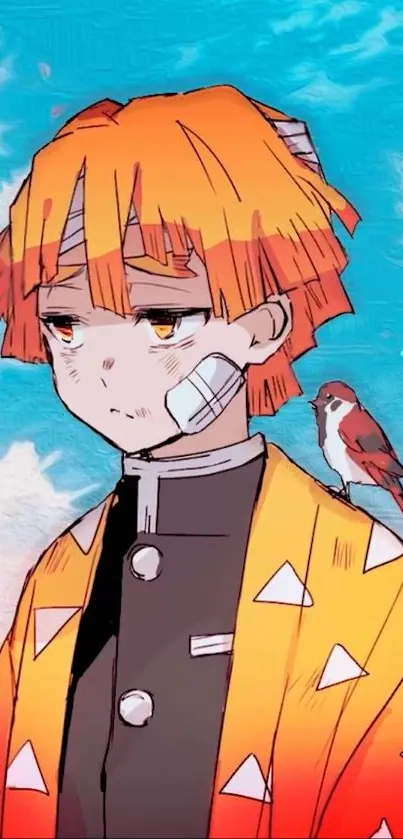 Anime character with orange hair and a bird against a colorful sky background.