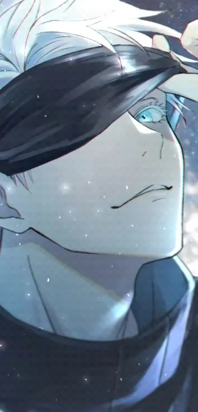 Anime character with blindfold and starry background.