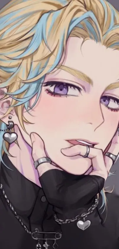 Anime character with blonde hair and purple eyes, wearing jewelry.