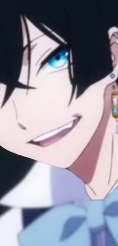 Anime character with blue eyes and earrings, smiling confidently.