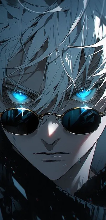 Anime character with glowing blue eyes and sunglasses.