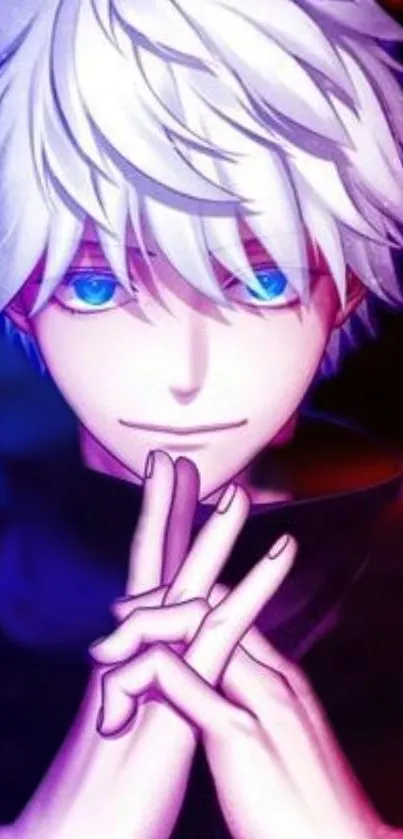 Anime character with silver hair and striking blue eyes against a vibrant background.