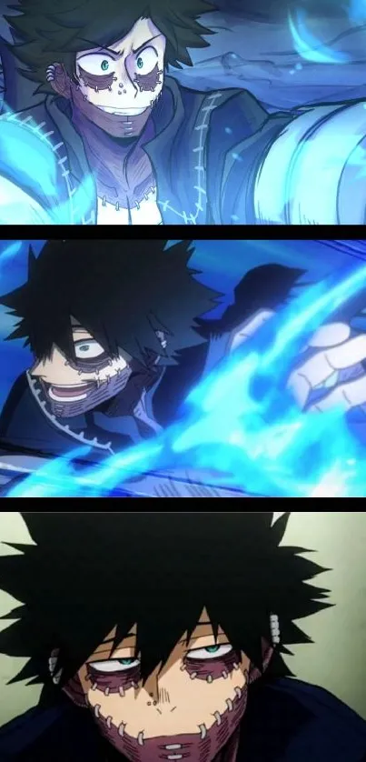 Anime character with blue flames and intense expression.