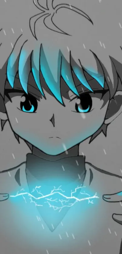 Anime character with glowing blue effect in rain.