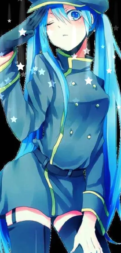 Anime character with blue hair in a salute pose against a starry background.