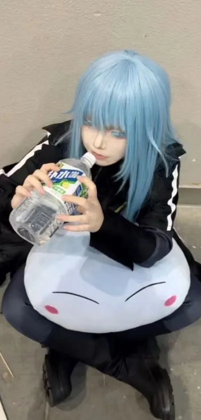 Anime character with blue hair holding a plush toy.