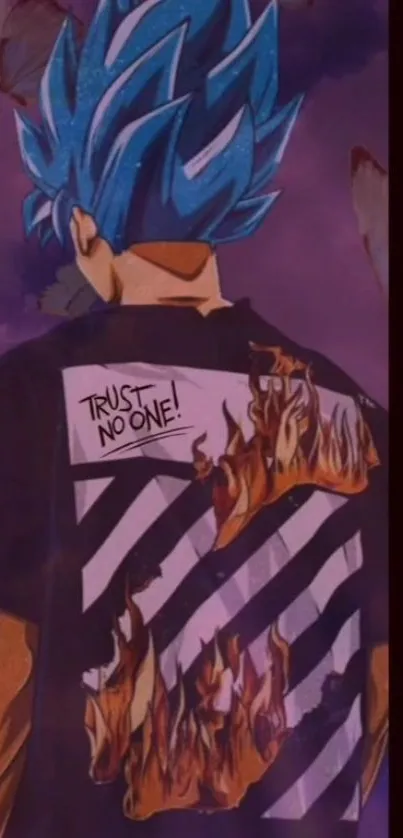 Anime character with flaming shirt and blue hair in purple tones.