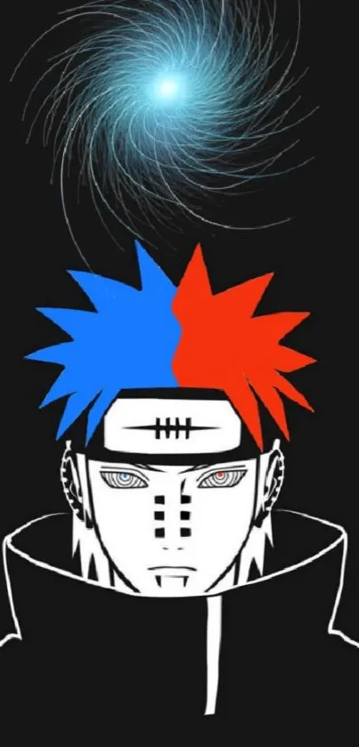 Anime character with red and blue hair, glowing blue swirl on black background.