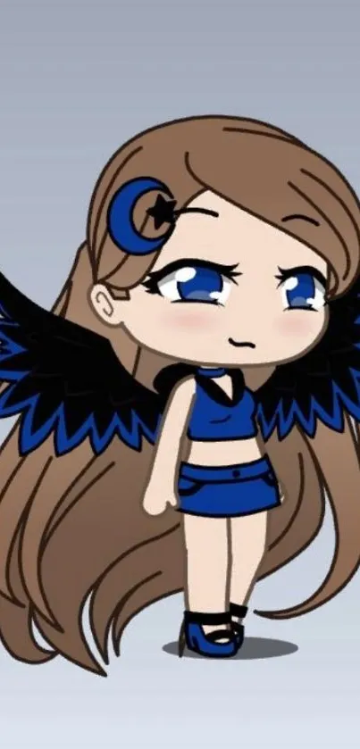 Anime girl with blue wings on wallpaper.