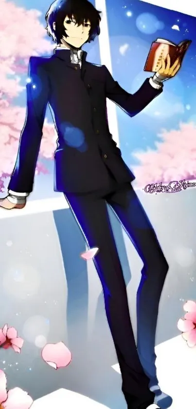 Anime character in black suit with book, cherry blossoms in background.