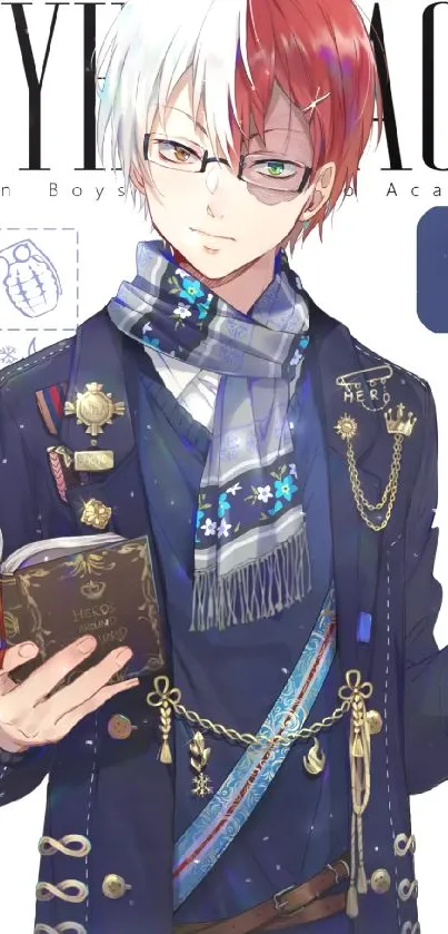 Anime character with book and stylish outfit.