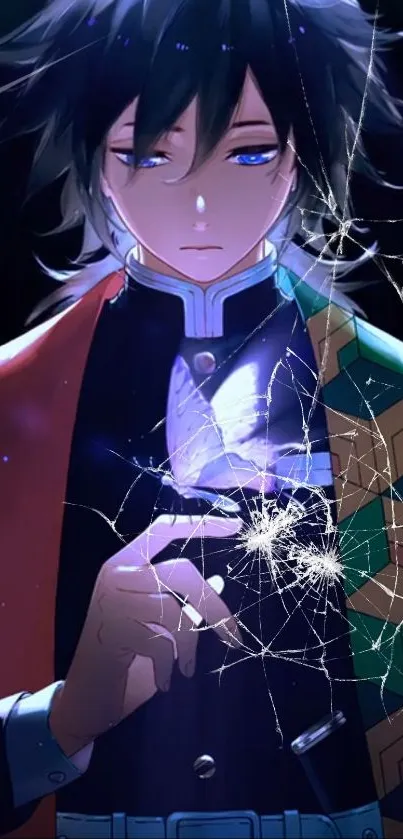 Anime character with cracked glass effect displaying a visual art style.