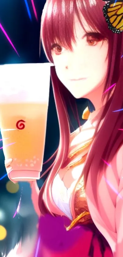 Anime character holding bubble tea with vibrant colors.