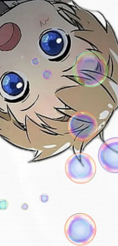 Anime character with blue eyes and bubbles on a beige background.