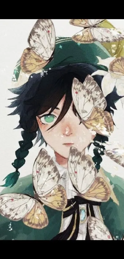 Anime boy with butterflies in a green cloak, digital art.