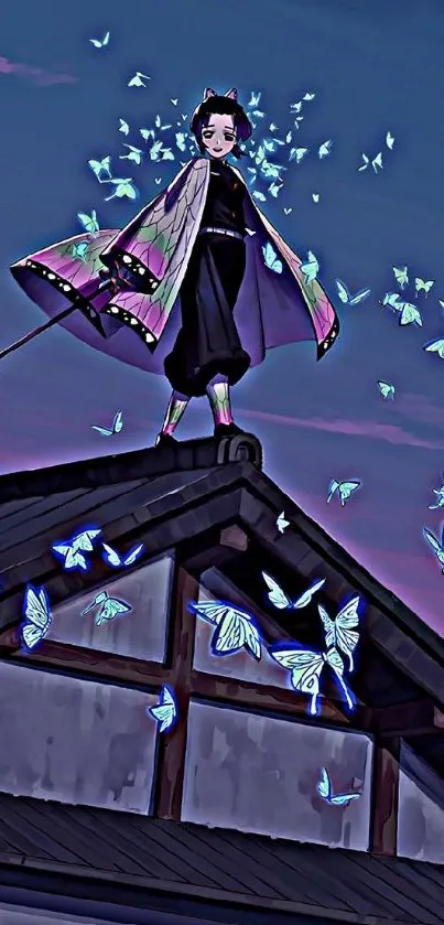 Anime character standing on a roof with blue butterflies.