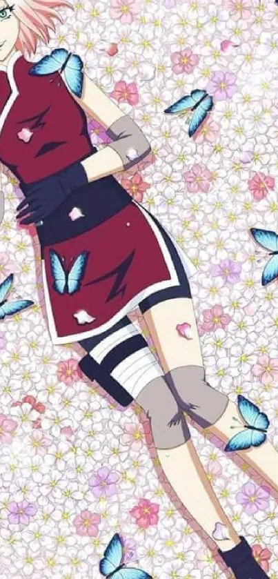 Anime character with pink hair and blue butterflies on floral background.