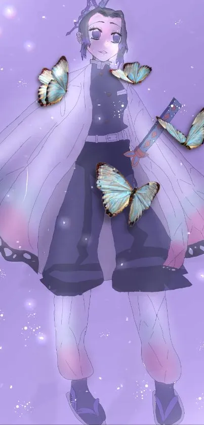 Anime character with butterflies on lavender background.