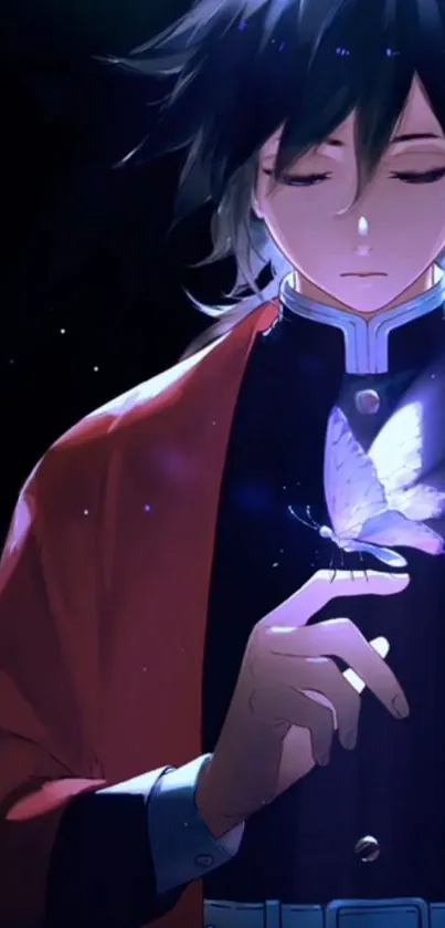 Anime character holds a glowing butterfly in dark setting.