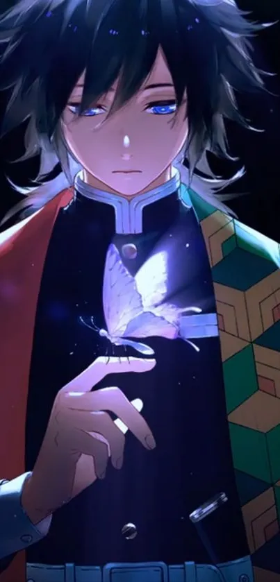 Anime character with glowing butterfly under midnight blue light.