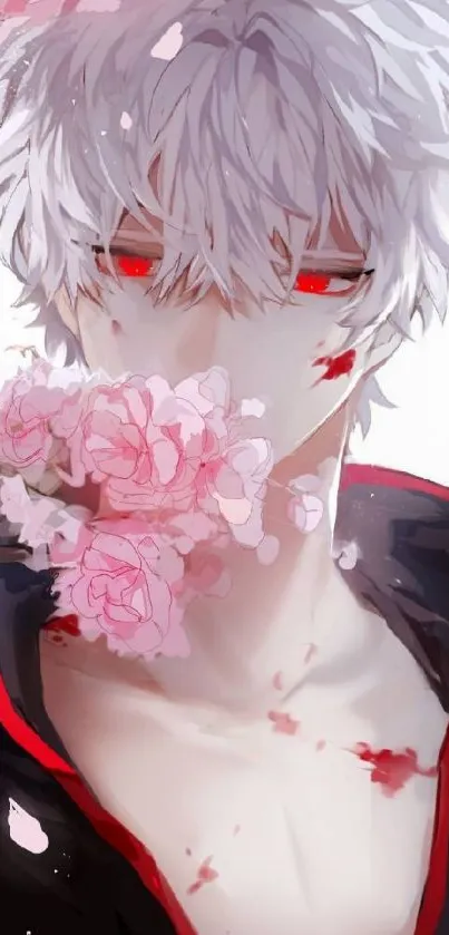 Anime character with white hair and red eyes surrounded by cherry blossoms.