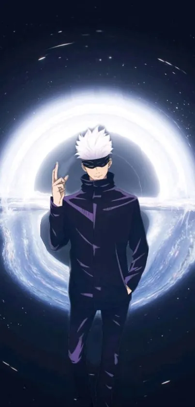 Anime character in front of a cosmic portal with dark blue theme.