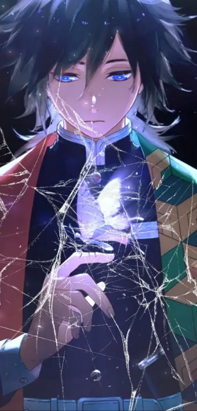 Anime character with cracked glass effect and colorful clothing on mobile wallpaper.