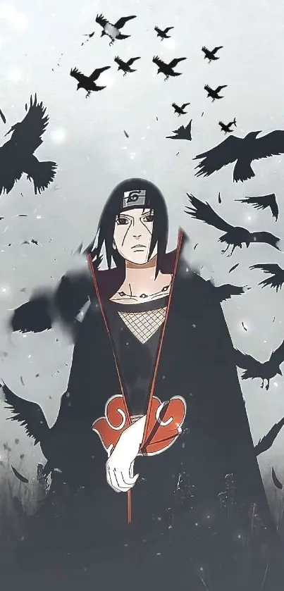 Anime character surrounded by crows on a gray background wallpaper.