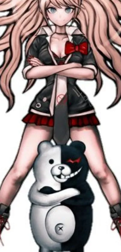 Anime character with black and white bear in vibrant style.