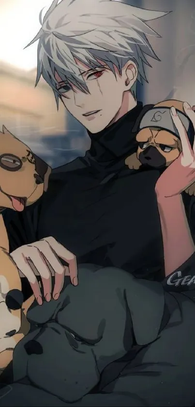 Anime character with white hair holding multiple cute dogs.