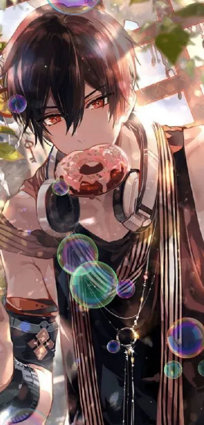 Anime character with brown hair holding a donut, wearing headphones.