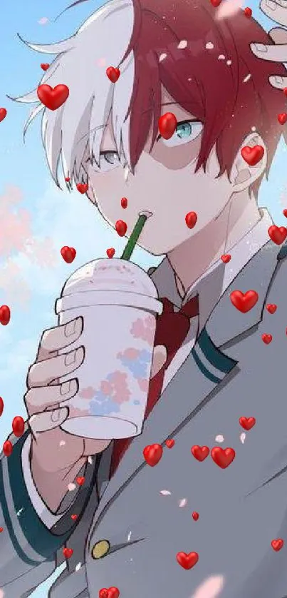 Anime character with drink under cherry blossoms.