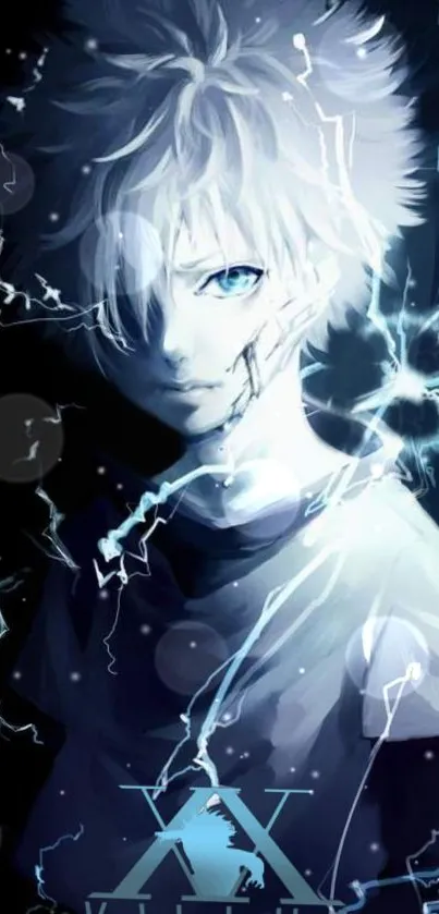 Anime character with white hair and electric blue aura on dark background.