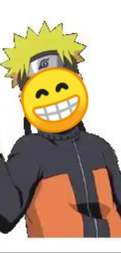 Anime character with emoji face on orange background.