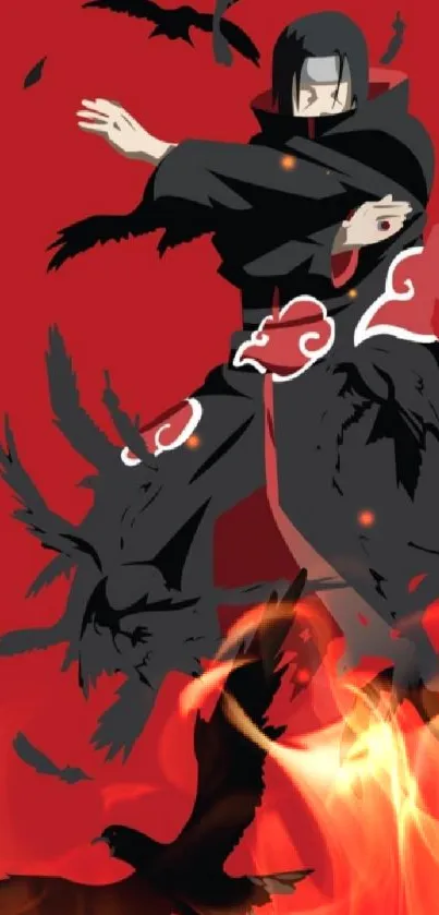 Anime character with ravens and fiery red background.