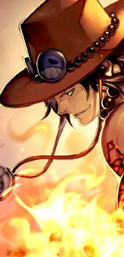 Anime character with flaming hat and fiery background.