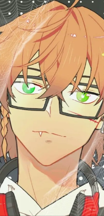 Anime character with glasses and orange hair, featuring vibrant green eyes.