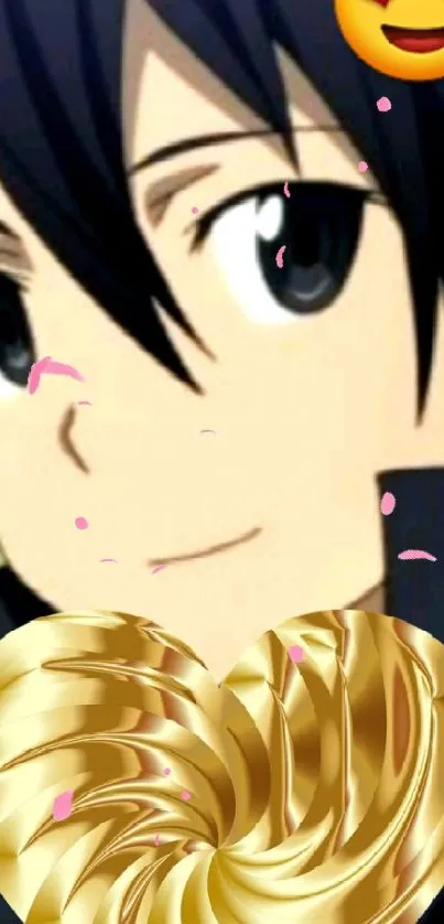 Anime male character with golden heart and love emoji.