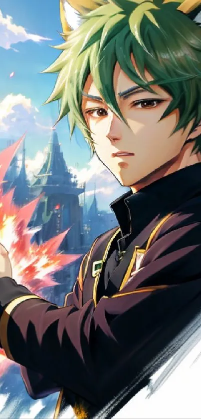 Anime character with green hair and fox ears in a mystical setting.