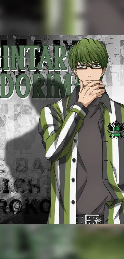 Anime character with green hair and striped shirt on a graphic background.