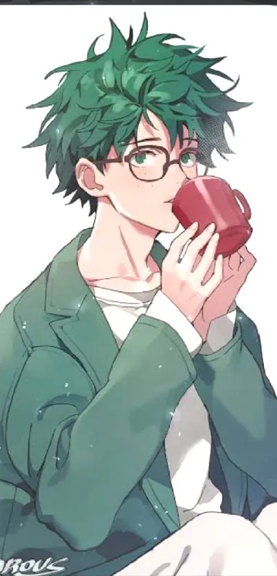 Anime character in green jacket sipping drink.