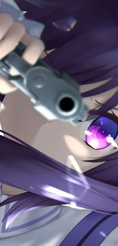 Anime character with purple hair holding a gun, vibrant and dynamic design.