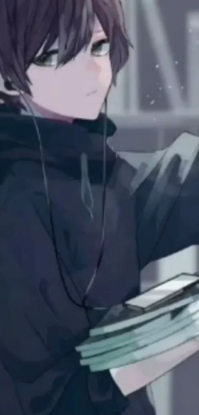 Anime character in a hoodie with headphones and books.