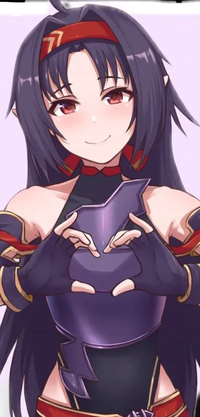 Anime character with dark hair making a heart gesture in lavender background.