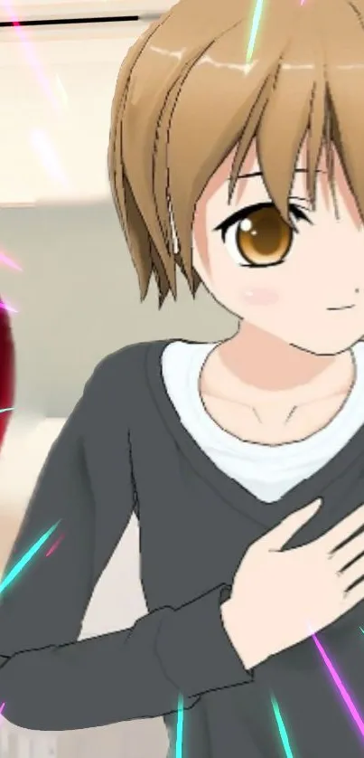 Anime character in black sweater with heart design.