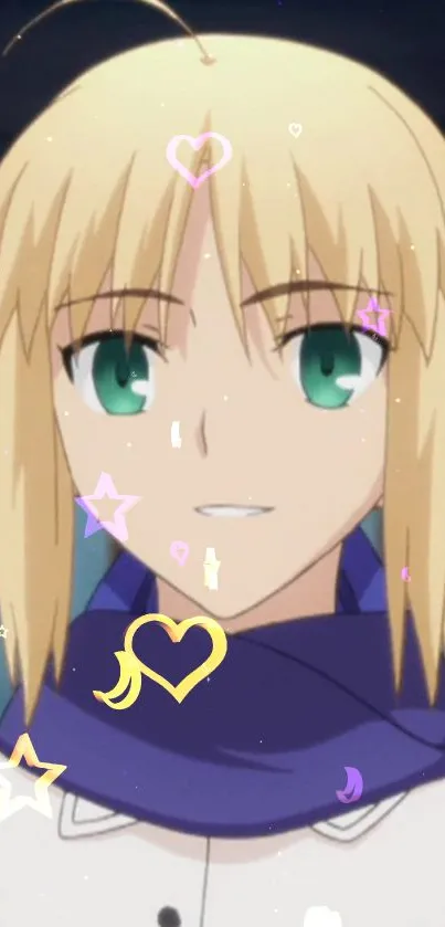 Anime character with blonde hair and green eyes surrounded by hearts and stars.