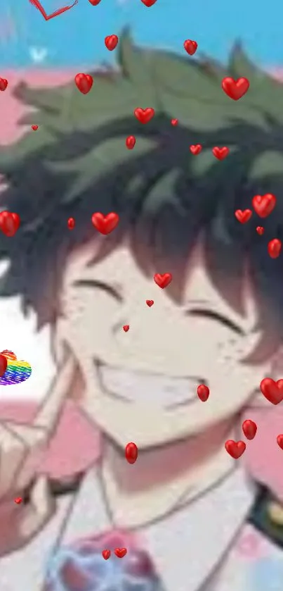 Anime character with green hair surrounded by red hearts on a pink background.