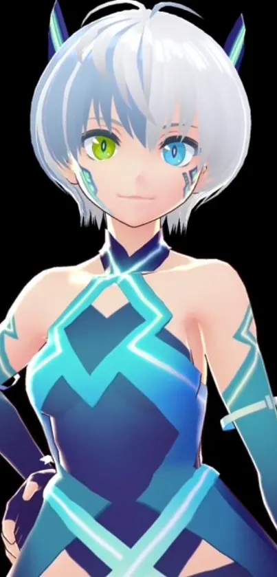 Anime character with heterochromia in a vibrant blue outfit.