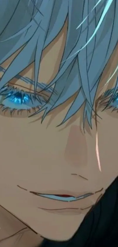 Anime character with striking blue eyes and silver hair close-up.