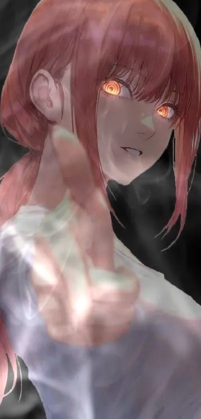 Intense anime character with glowing eyes and red hair on a dark background.